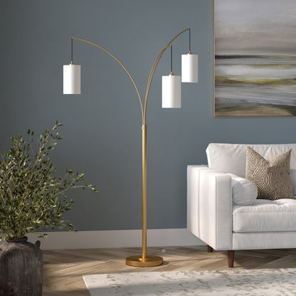 83" Brass Three Light Tree Floor Lamp With White Frosted Glass Drum Shade