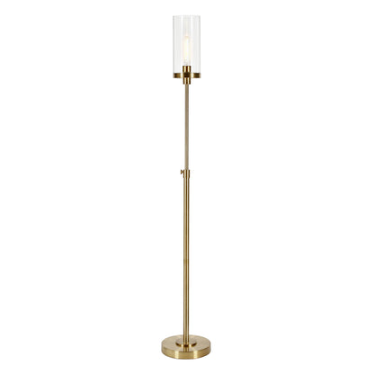 66" Brass Torchiere Floor Lamp With Clear Transparent Glass Drum Shade