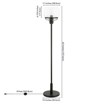 Lampadaire fantaisie noir de 62 po avec abat-jour en verre grainé transparent