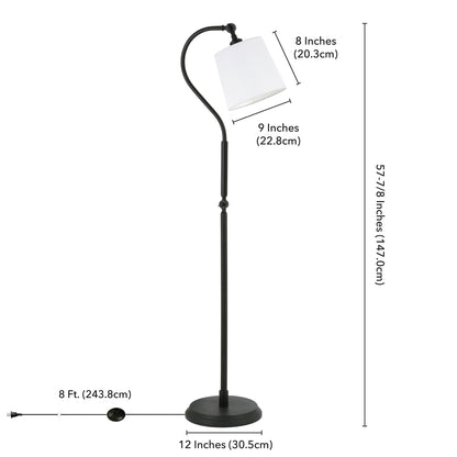 Lampadaire arqué noir de 57 po avec abat-jour tambour en verre dépoli blanc