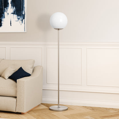 62" Nickel Novelty Floor Lamp With White No Pattern Frosted Glass Globe Shade