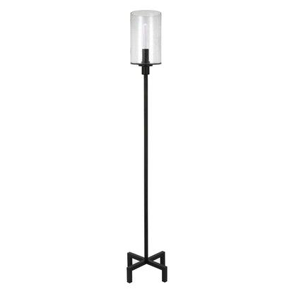 66" Black Torchiere Floor Lamp With Clear Seeded Glass Drum Shade