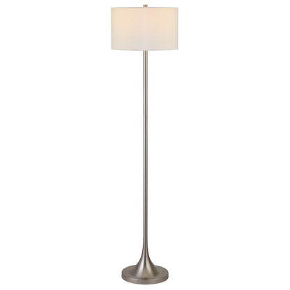 62" Nickel Floor Lamp With White Fabric Drum Shade