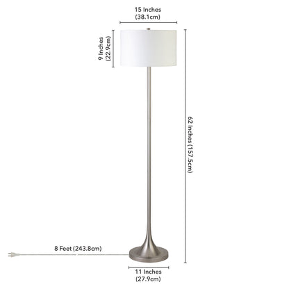 62" Nickel Floor Lamp With White Fabric Drum Shade