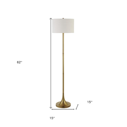 Lampadaire en laiton de 62 po avec abat-jour tambour en tissu blanc