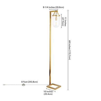 Lampadaire arqué en laiton de 68 po avec abat-jour en forme de dôme en verre grainé transparent