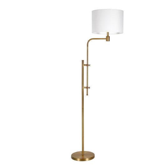 71" Brass Adjustable Floor Lamp With White Fabric Drum Shade