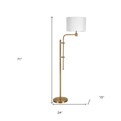 71" Brass Adjustable Floor Lamp With White Fabric Drum Shade