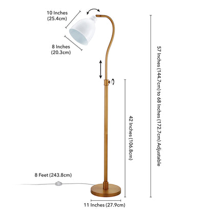 68" Brass Adjustable Reading Floor Lamp With White Frosted Glass Dome Shade