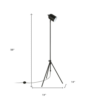 56" Black Adjustable Tripod Floor Lamp With Black Metal Cylinder Shade