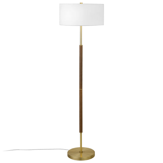 61" Brass Two Light Floor Lamp With White Frosted Glass Drum Shade