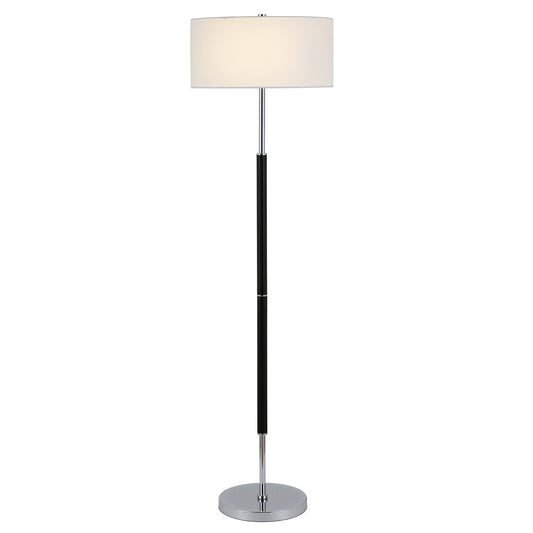 61" Black Two Light Floor Lamp With White Frosted Glass Drum Shade