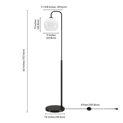 Lampadaire arqué noir de 62 po avec abat-jour en verre givré blanc