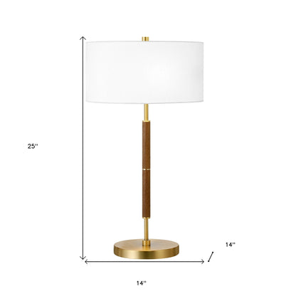 25" Gold and Oak Metal Two Light Table Lamp With White Drum Shade