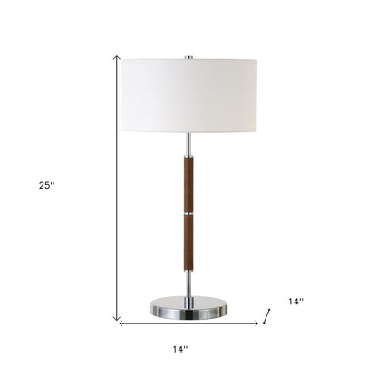 25" Silver and Oak Two Light Table Lamp With White Drum Shade