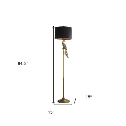 Lampadaire en or bruni de 65 po avec abat-jour tambour noir