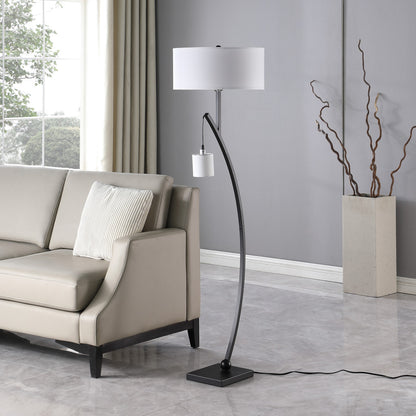 59" Matte Black Dual Arc Floor Lamp With White Drum Shade