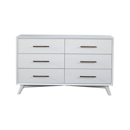 Commode double à six tiroirs en bois massif blanc de 56 po