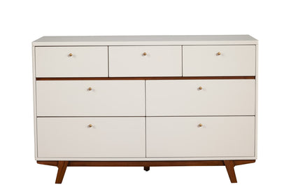 Commode double à sept tiroirs en bois massif brun et blanc de 56 po