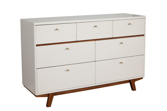 Commode double à sept tiroirs en bois massif brun et blanc de 56 po