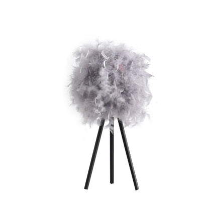 Lampe de table moderne en métal avec trépied et abat-jour en plumes gris doux de 21 po