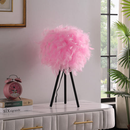 Lampe de table trépied noire de 21 po avec abat-jour en fausse plume rose