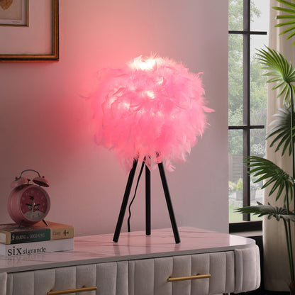 Lampe de table trépied noire de 21 po avec abat-jour en fausse plume rose