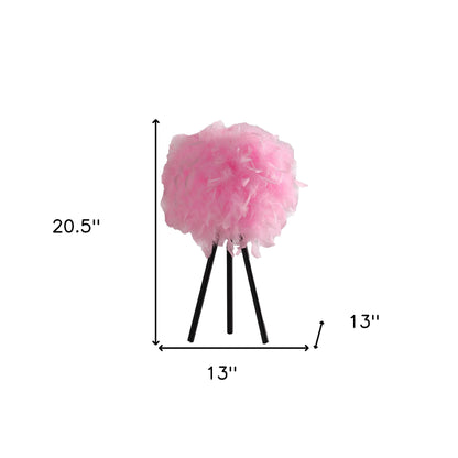 Lampe de table trépied noire de 21 po avec abat-jour en fausse plume rose