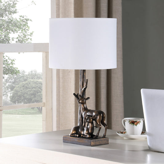 20" Bronze Mom and Baby Deer Table Lamp With White Drum Shade