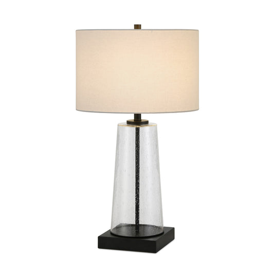 27" Black and Clear Metal and Glass Table Lamp With White Drum Shade