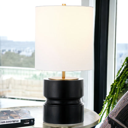 27" Beige and Gold Metal Geometric Table Lamp With White Drum Shade