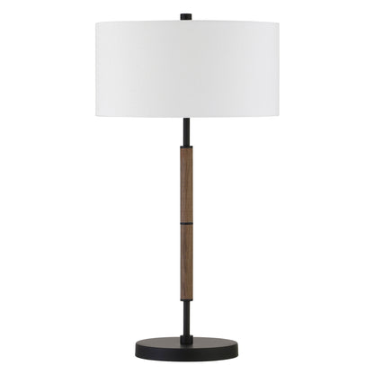 25" Brown and Black Metal Two Light Table Lamp With White Drum Shade