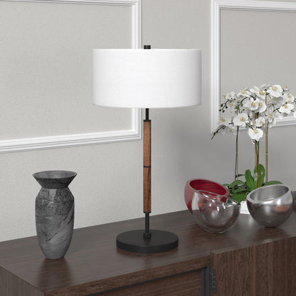 25" Brown and Black Metal Two Light Table Lamp With White Drum Shade