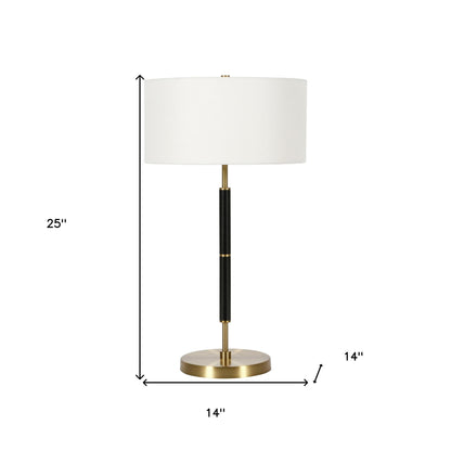 25" Black and Gold Metal Two Light Table Lamp With White Drum Shade