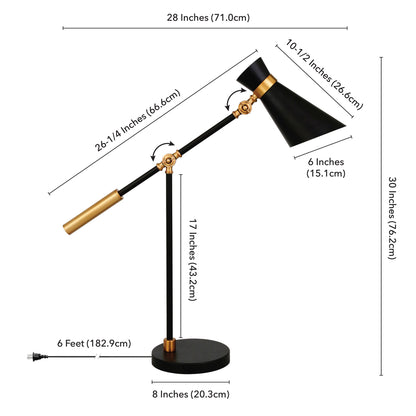 Lampe de bureau en métal noir et doré de 30 po avec abat-jour conique noir