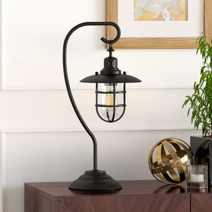 22" Black Metal Arched Table Lamp With Black Cage Shade