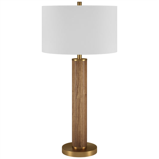 Lampe de table en métal doré et marron de 29 po avec abat-jour tambour blanc