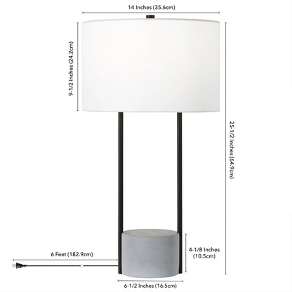 Lampe de table en béton gris et noir de 27 po avec abat-jour tambour blanc