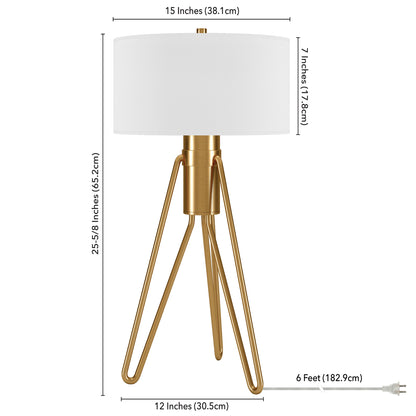 Lampe de table trépied à deux lumières en métal et laiton de 25 po avec abat-jour tambour blanc