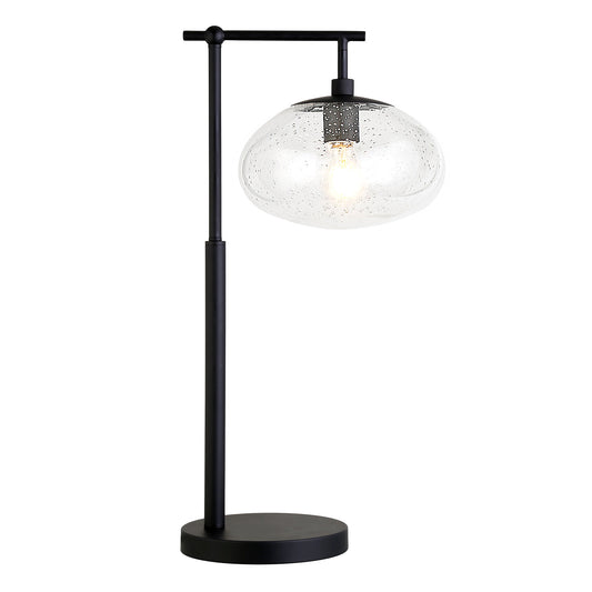 25" Black Metal Arched Table Lamp With Clear Seeded Globe Shade