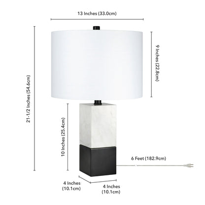 Lampe de table en marbre noir et blanc de 21 po avec abat-jour tambour blanc