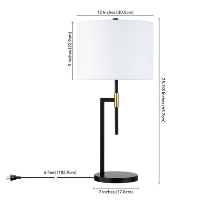 Lampe de table en métal noir et doré de 25 po avec abat-jour tambour blanc