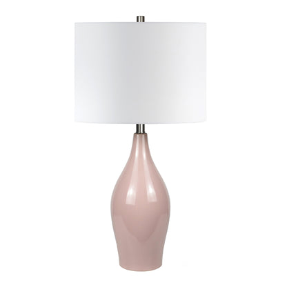 Lampe de table cylindrique en porcelaine rose poudré de 28 po avec abat-jour tambour blanc