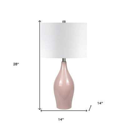 Lampe de table cylindrique en porcelaine rose poudré de 28 po avec abat-jour tambour blanc