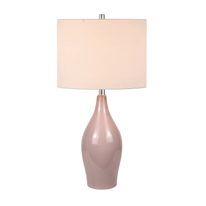 Lampe de table cylindrique en porcelaine rose poudré de 28 po avec abat-jour tambour blanc