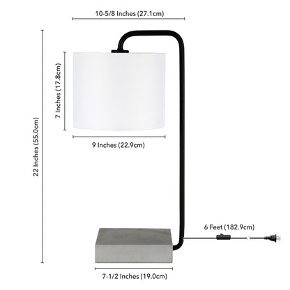 Lampe de table arquée en béton noir et gris de 22 po avec abat-jour tambour blanc