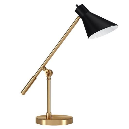 Lampe de table de bureau en métal et laiton de 22 po avec abat-jour conique noir