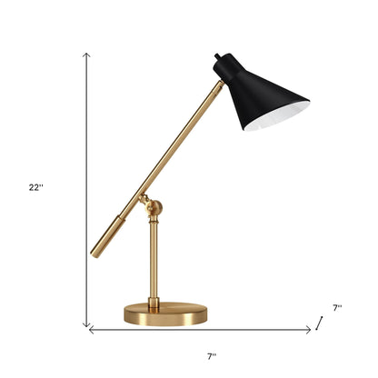 Lampe de table de bureau en métal et laiton de 22 po avec abat-jour conique noir