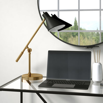 Lampe de table de bureau en métal et laiton de 22 po avec abat-jour conique noir