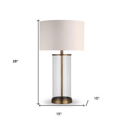 Lampe de table en verre et laiton de 28 po avec abat-jour tambour blanc